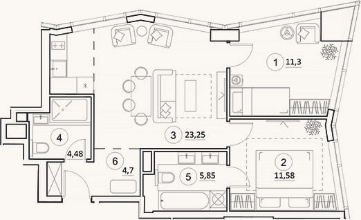 Планировка: 3-к, 61,2 м²