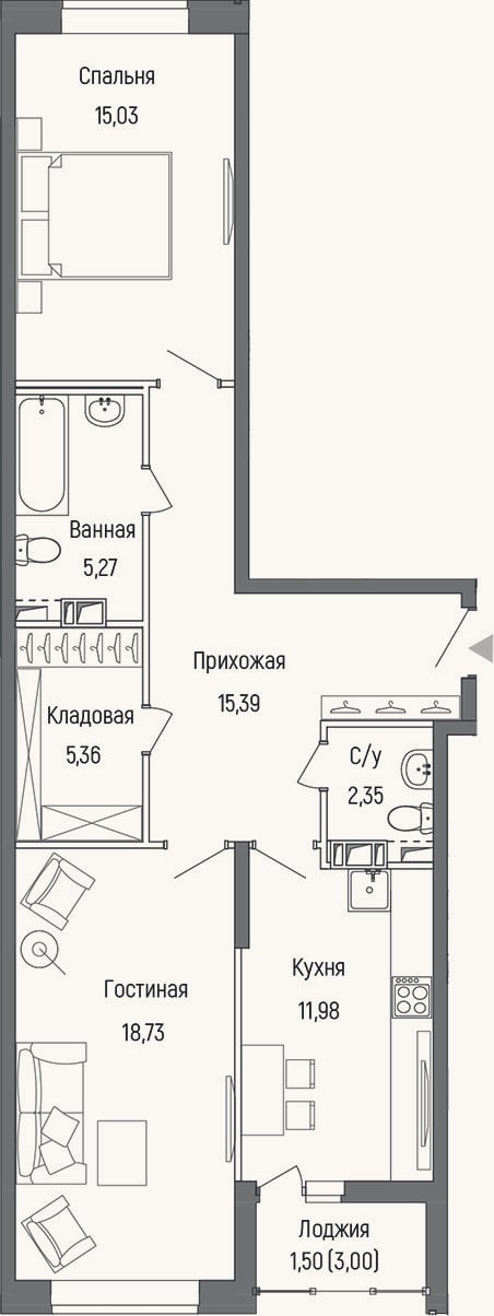 Планировка: 2-к, 73,1 м²