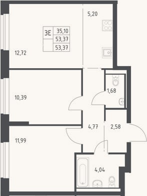 Планировка: 3-к, 53,4 м²