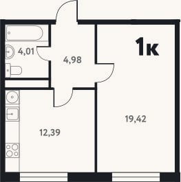 Планировка: 1-к, 40,9 м²