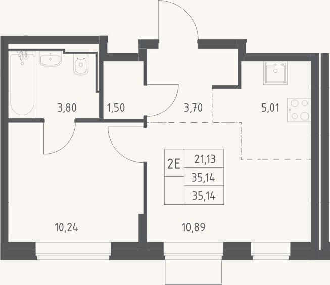 Планировка: 2-к, 35,1 м²