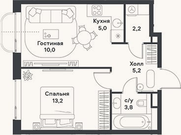 Планировка: 2-к, 39,4 м²