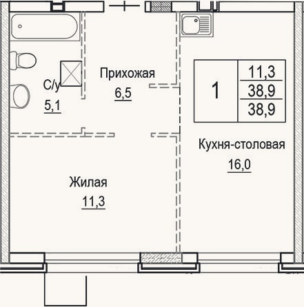 Планировка: 2-к, 38,9 м²