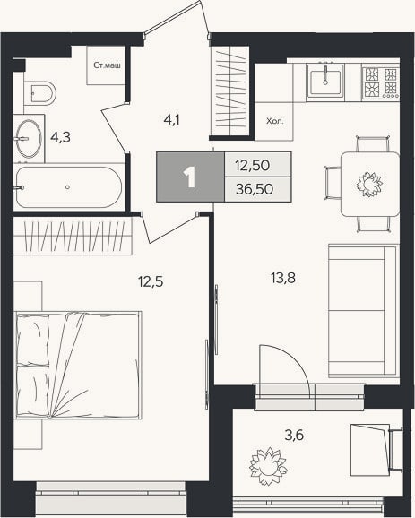 Планировка: 1-к, 34,7 м²