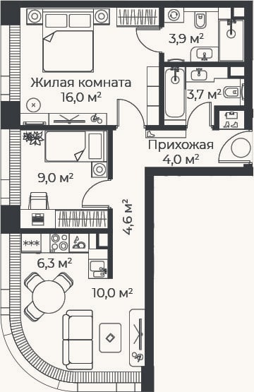 Планировка: 3-к, 57,5 м²