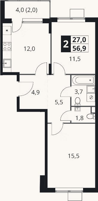Планировка: 2-к, 54,9 м²