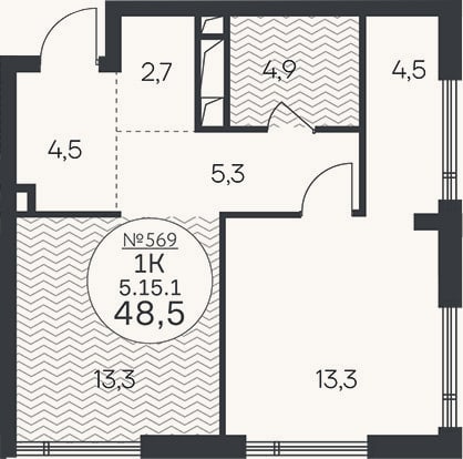Планировка: 1-к, 48,5 м²