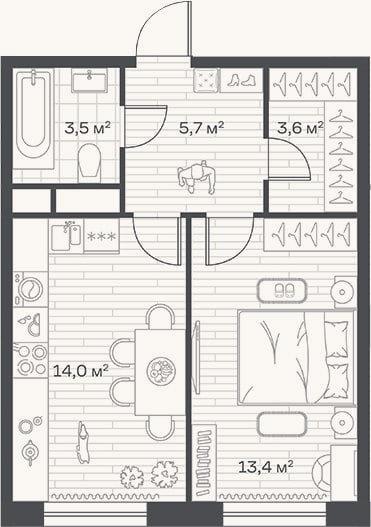 Планировка: 1-к, 40,2 м²