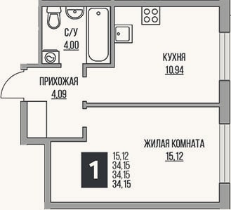 Планировка: 1-к, 34,2 м²
