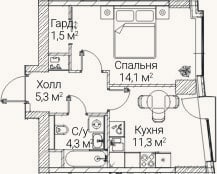 Планировка: 1-к, 36,4 м²