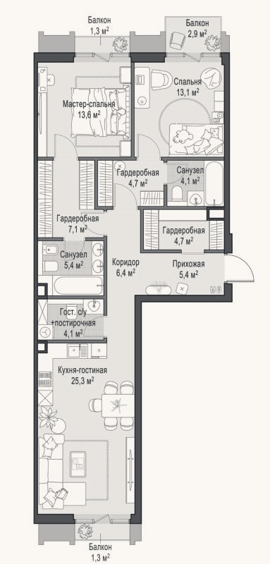 Планировка: 3-к, 95,4 м²