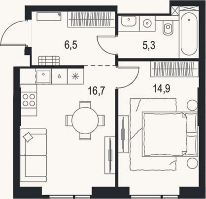 Планировка: 2-к, 43,4 м²