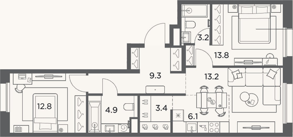 Планировка: 3-к, 66,7 м²