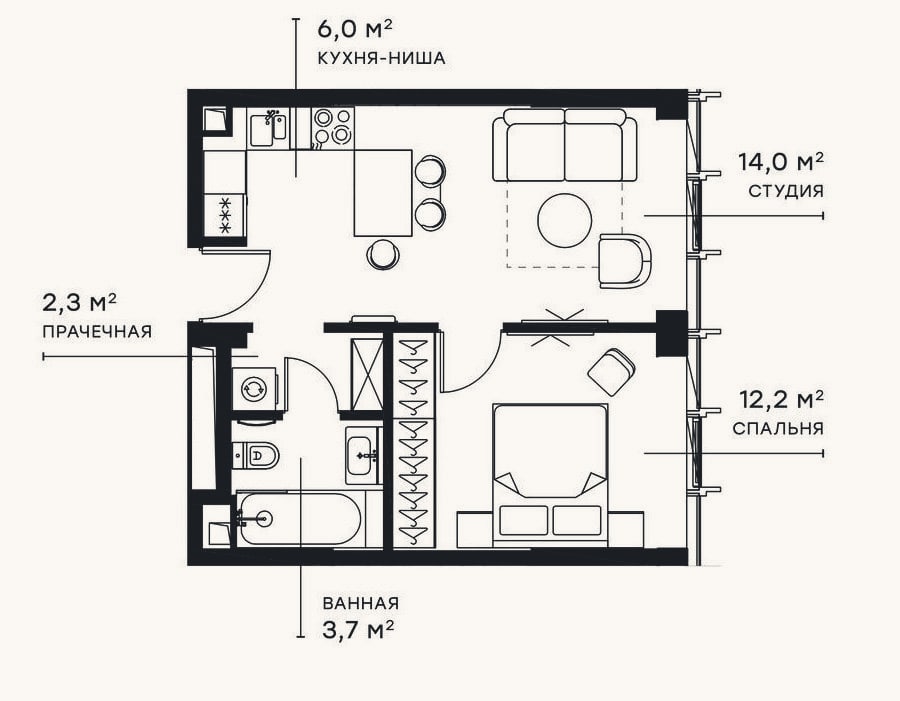 Планировка: 2-к, 38,2 м²