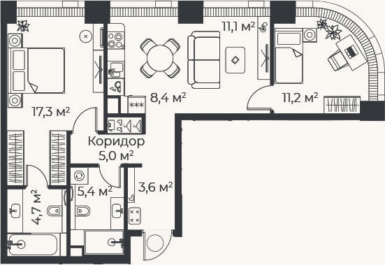 Планировка: 3-к, 66,9 м²