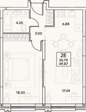 Планировка: 2-к, 49,9 м²