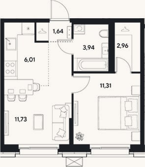 Планировка: 2-к, 37,6 м²