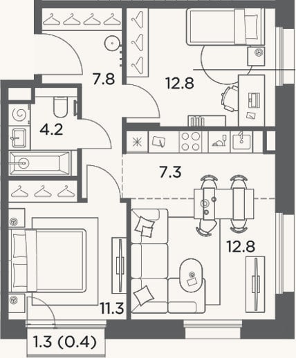 Планировка: 3-к, 56,2 м²