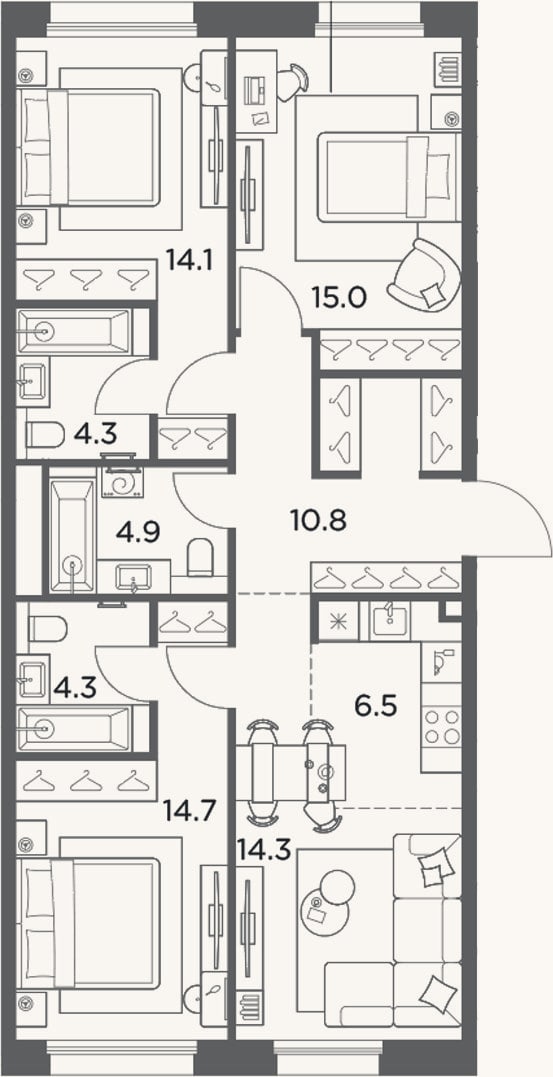 Планировка: 4+ к, 88,9 м²