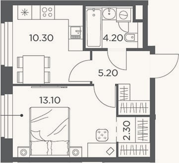 Планировка: 1-к, 35,1 м²