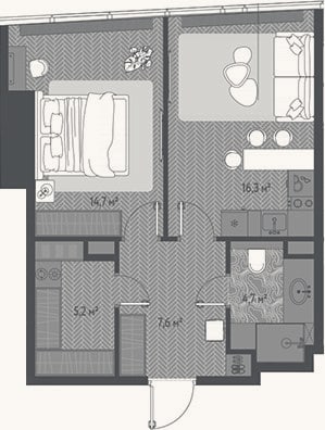 Планировка: 2-к, 48,6 м²