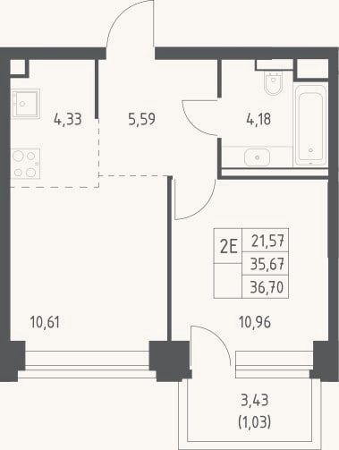 Планировка: 2-к, 35,7 м²
