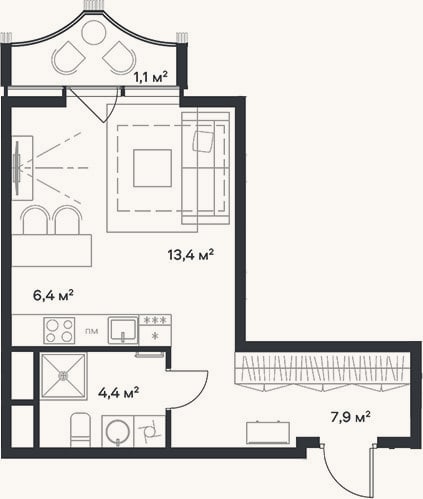 Планировка: Студия, 32,1 м²
