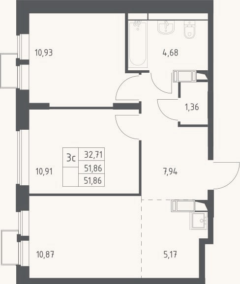 Планировка: 3-к, 51,9 м²