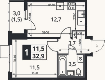 Планировка: 1-к, 31,8 м²