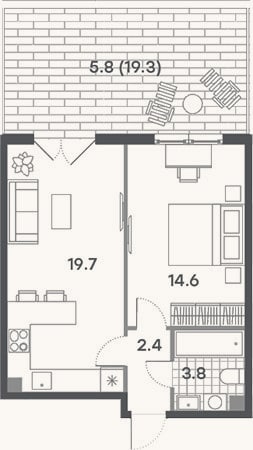 Планировка: 2-к, 40,5 м²