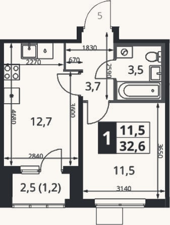 Планировка: 1-к, 31,4 м²