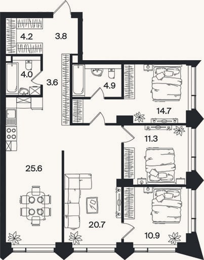 Планировка: 4+ к, 103,7 м²