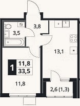 Планировка: 1-к, 32,2 м²