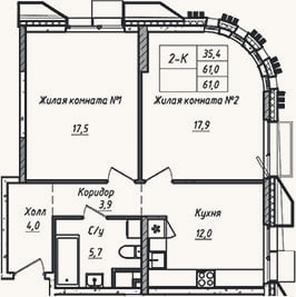 Планировка: 2-к, 61 м²