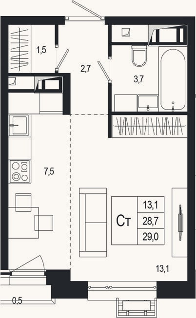 Планировка: Студия, 28,7 м²