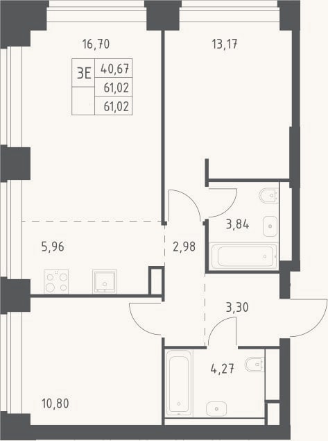 Планировка: 3-к, 61 м²