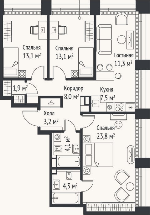 Планировка: 4+ к, 90,3 м²