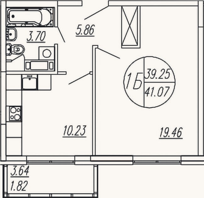 Планировка: 1-к, 39,3 м²