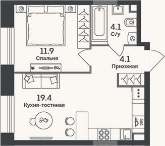 Планировка: 2-к, 39,5 м²