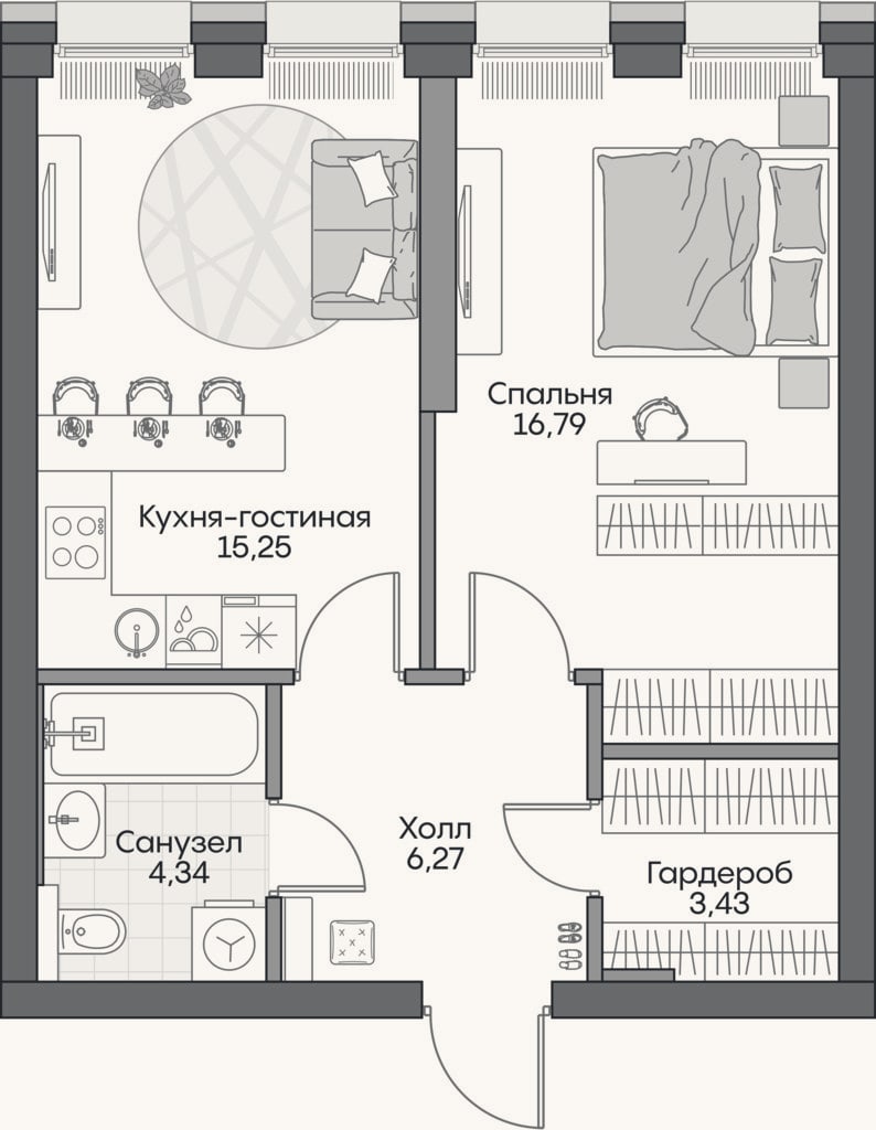 Планировка: 2-к, 45,8 м²