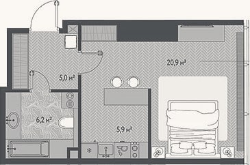 Планировка: Студия, 38 м²