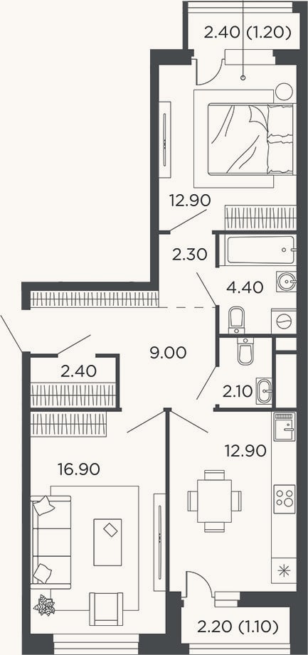 Планировка: 2-к, 62,9 м²