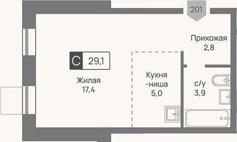 Планировка: Студия, 29,1 м²