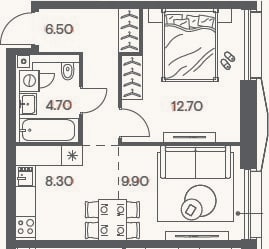 Планировка: 2-к, 42,1 м²