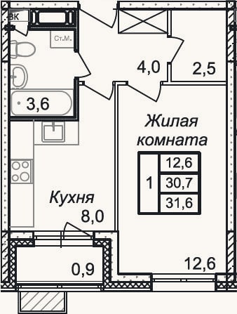Планировка: 1-к, 30,7 м²