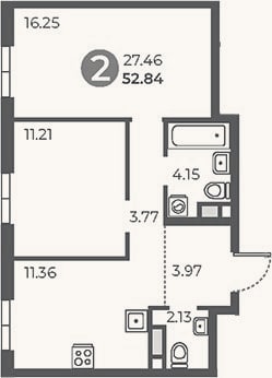 Планировка: 2-к, 52,8 м²