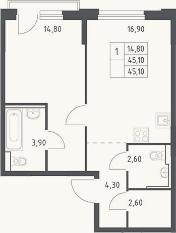 Планировка: 2-к, 45,1 м²