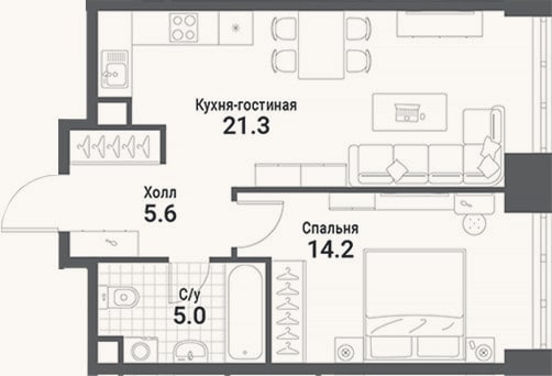 Планировка: 2-к, 46,1 м²