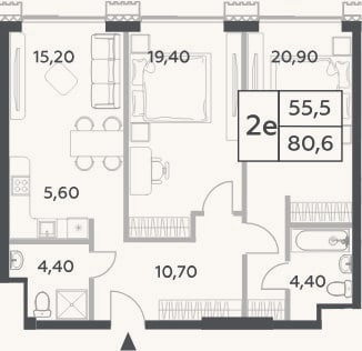 Планировка: 3-к, 80,6 м²