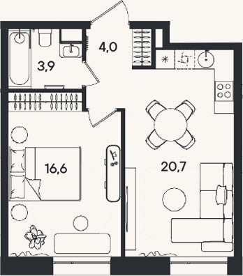 Планировка: 2-к, 45,2 м²